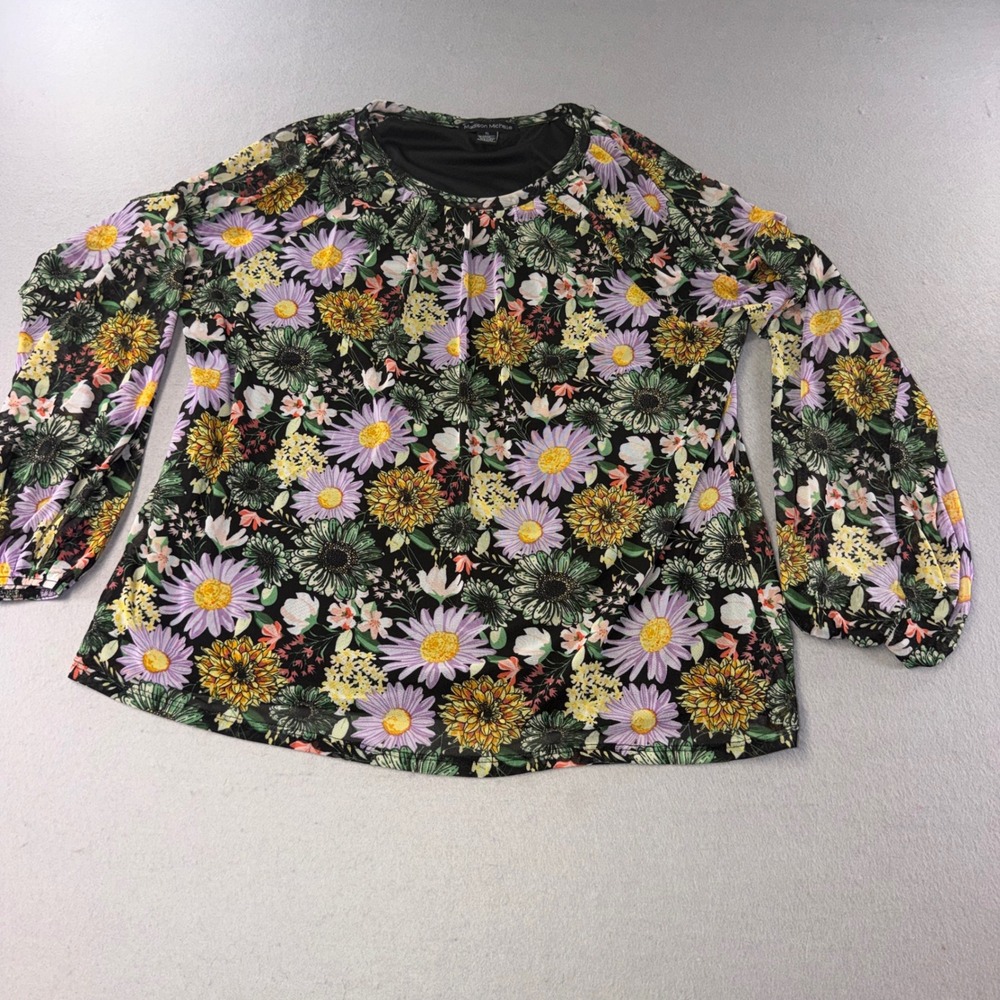 Madison Michelle Floral Mesh Blouse Womens XL Black Purple Daisy Long Sleeve Top